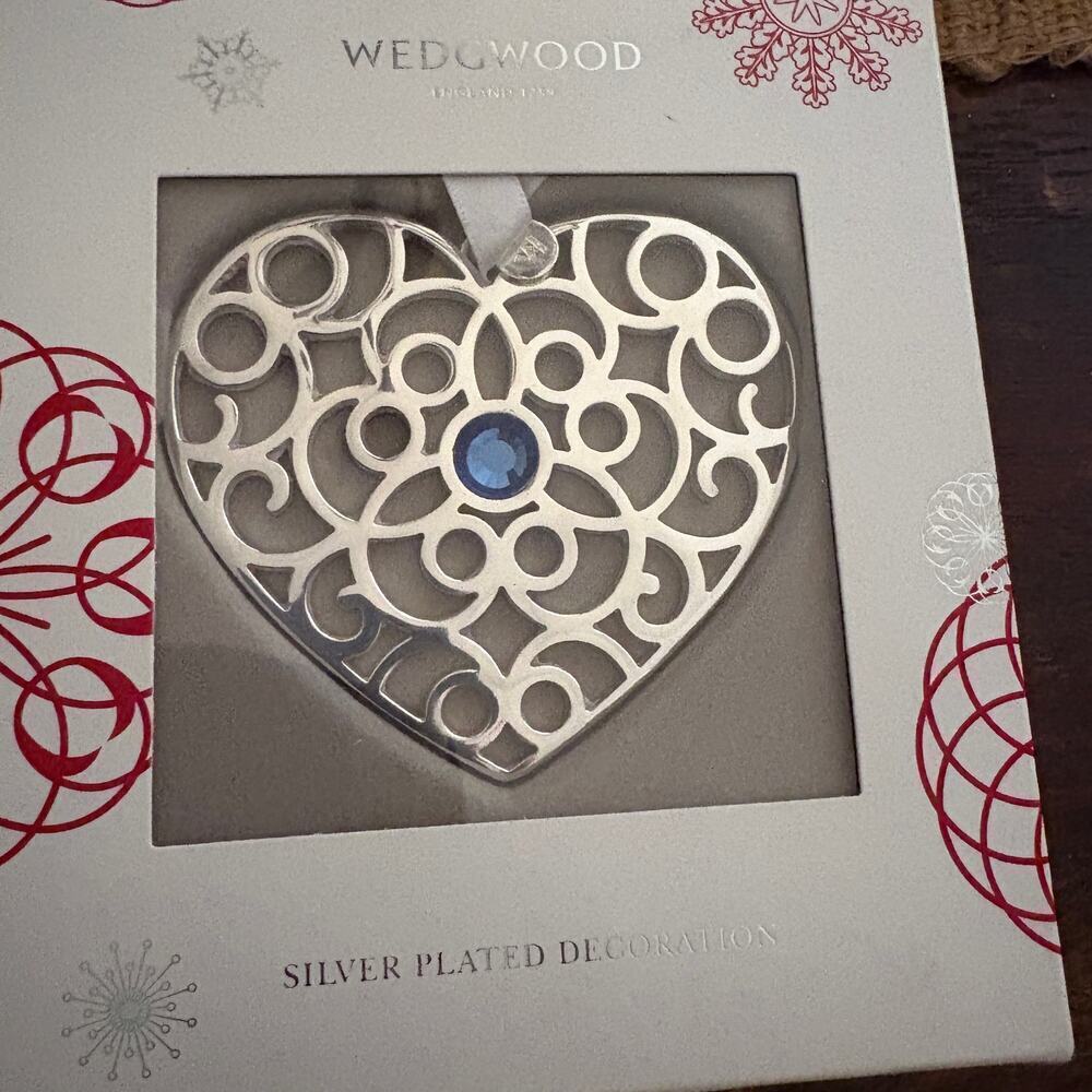 Wedgwood Silver Plated Ornament Christmas Heart Blue Crystal New in Box